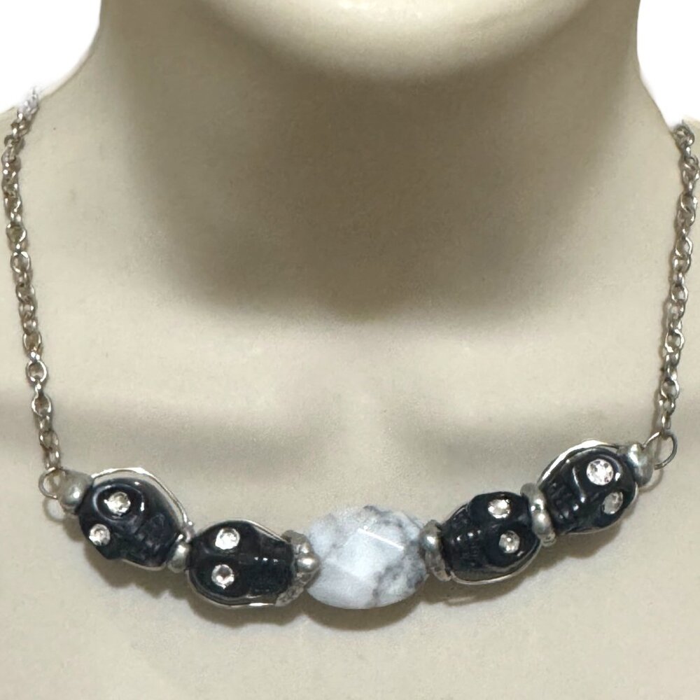 Artisan Necklace W/ Black Onyx Sugar Skulls, Swarovski Eyes & Marble Centerpiece - Picture 8 of 12